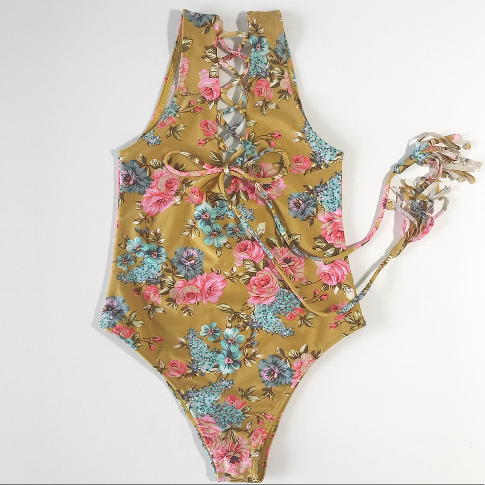 Gold Floral Lace Up Montce Swimwear One Piece